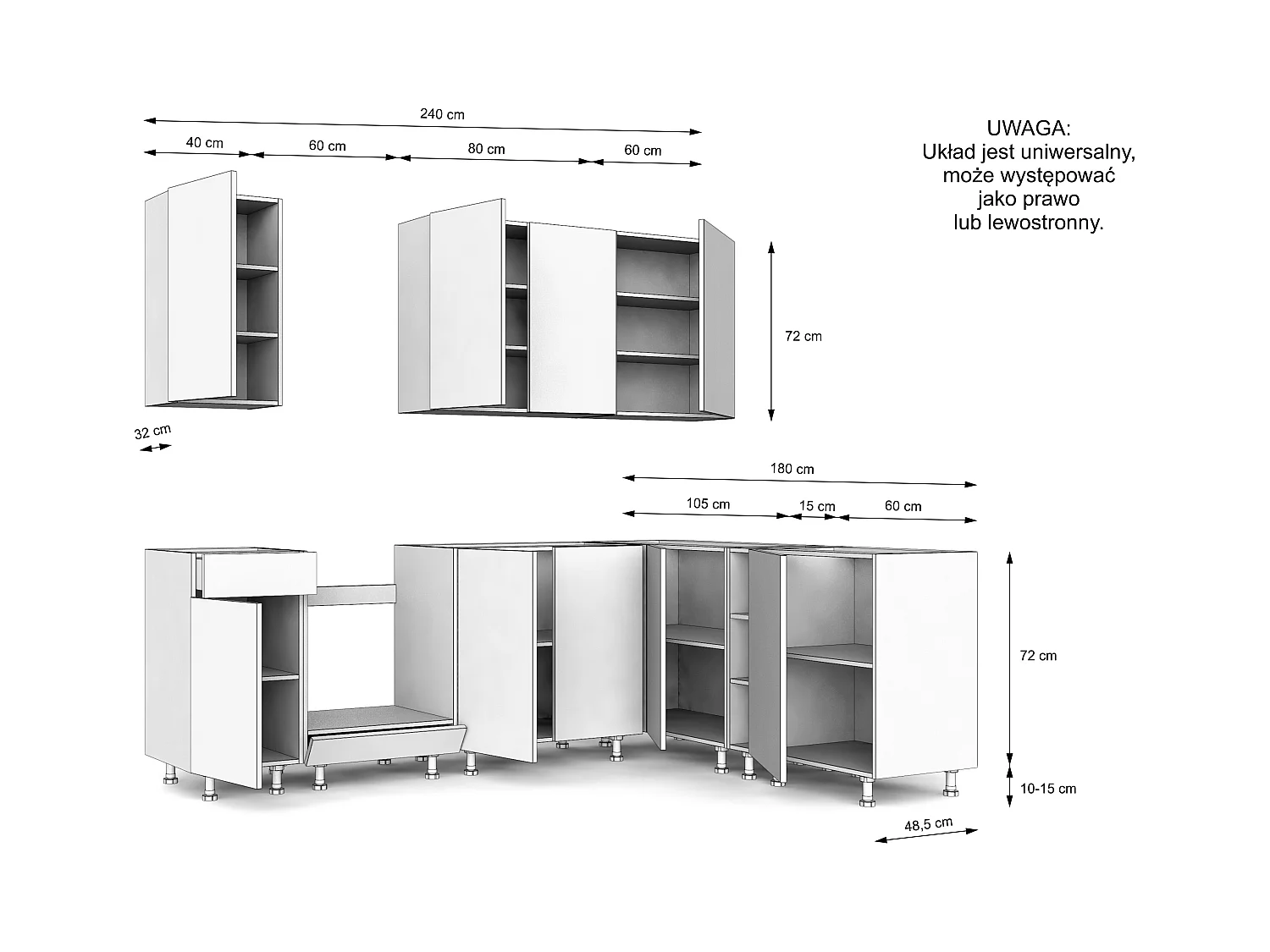 Meble Kuchenne VARIO | Kaszmir/Dąb Evoke | 240x48,5x154 cm | Meble narożne