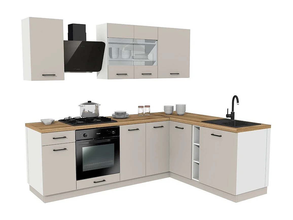 VARIO - Ensemble de meubles de cuisine d’angle – 240 x 180 cm – Cachemire & Chêne – Plan de travail inclus - Sans électroménager