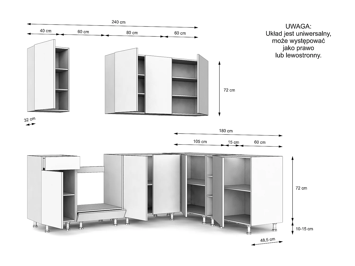 VARIO - Ensemble de meubles de cuisine d’angle – 240 x 180 cm – Cachemire & Chêne – Plan de travail inclus - Sans électroménager