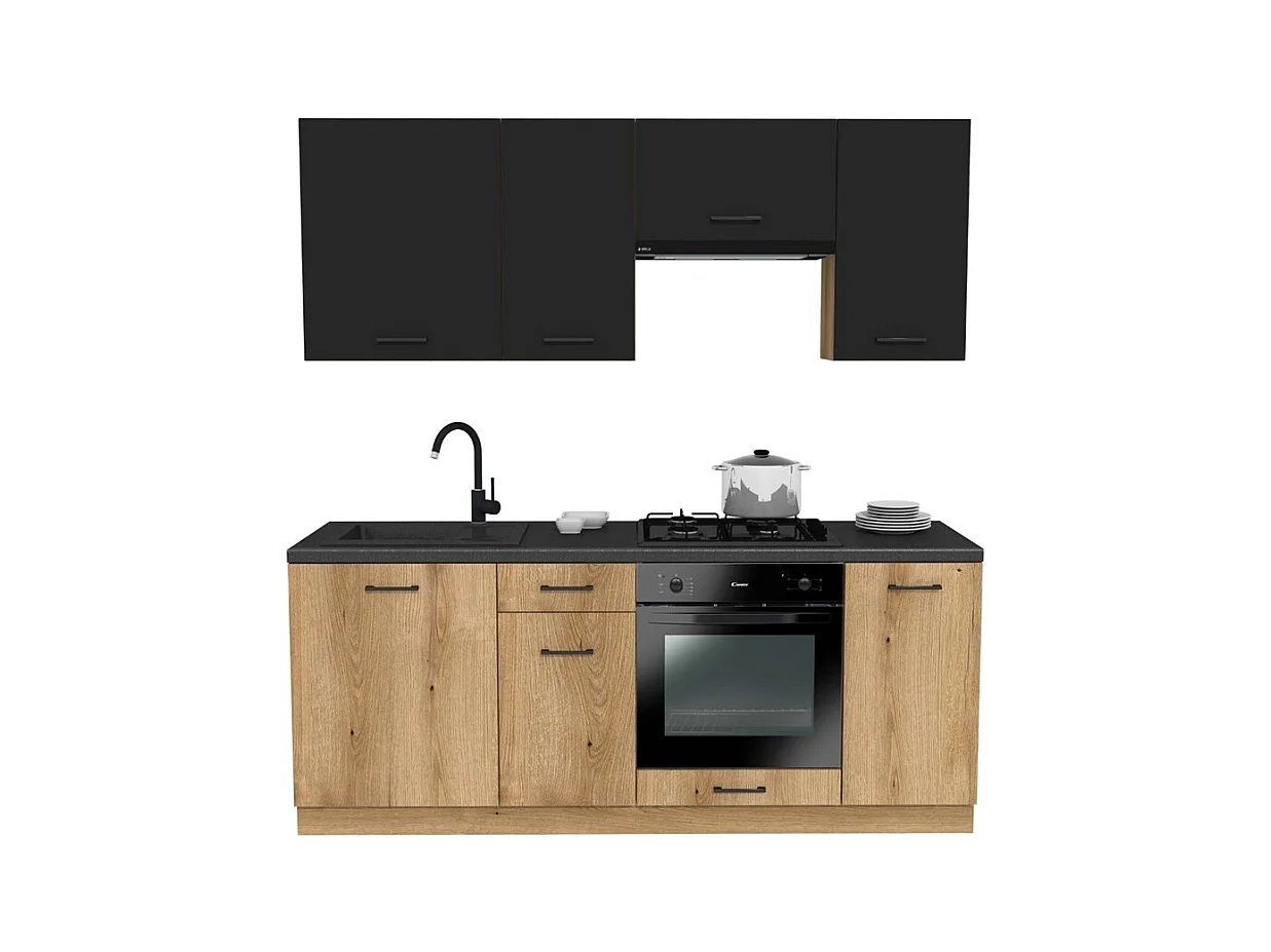 Zestaw Mebli Kuchennych VARIO | Czarny/Dąb Evoke | 200x48,5x154 cm | Nowoczesny wygląd