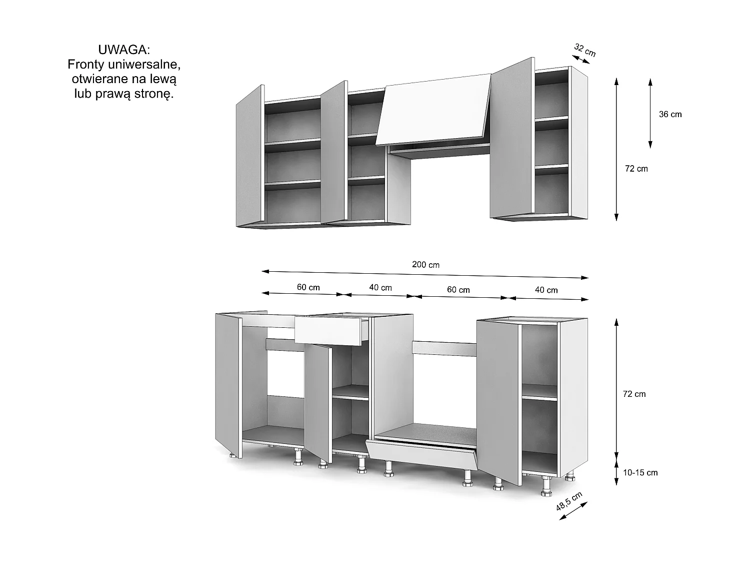 VARIO - Ensemble de meubles de cuisine – 200 cm – Chêne & Noir – Plan de travail inclus – Sans électroménager