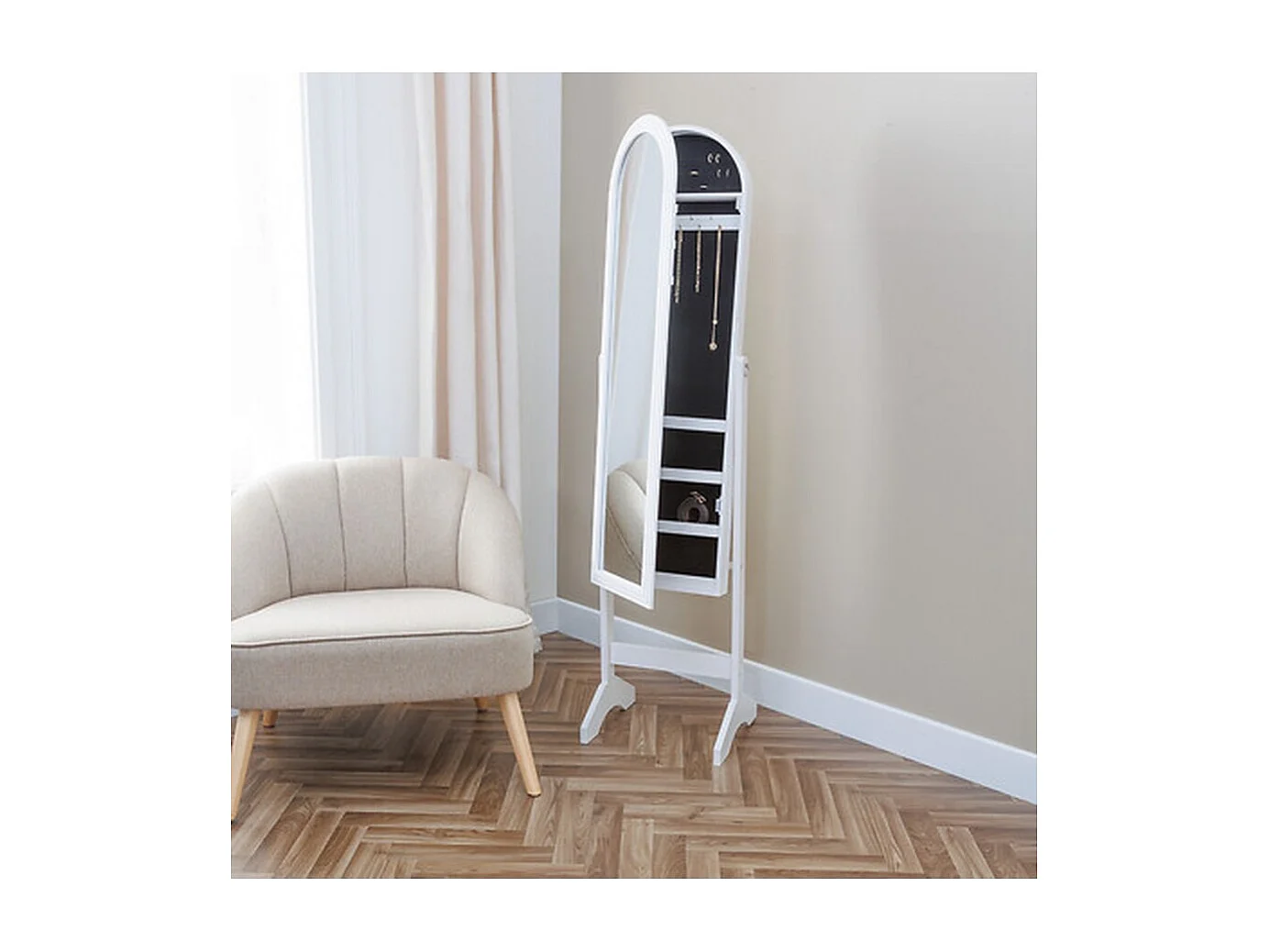 Armoire à bijoux avec miroir LILI coloris Blanc- Longueur 38 x Profondeur 34 x Hauteur 158 cm