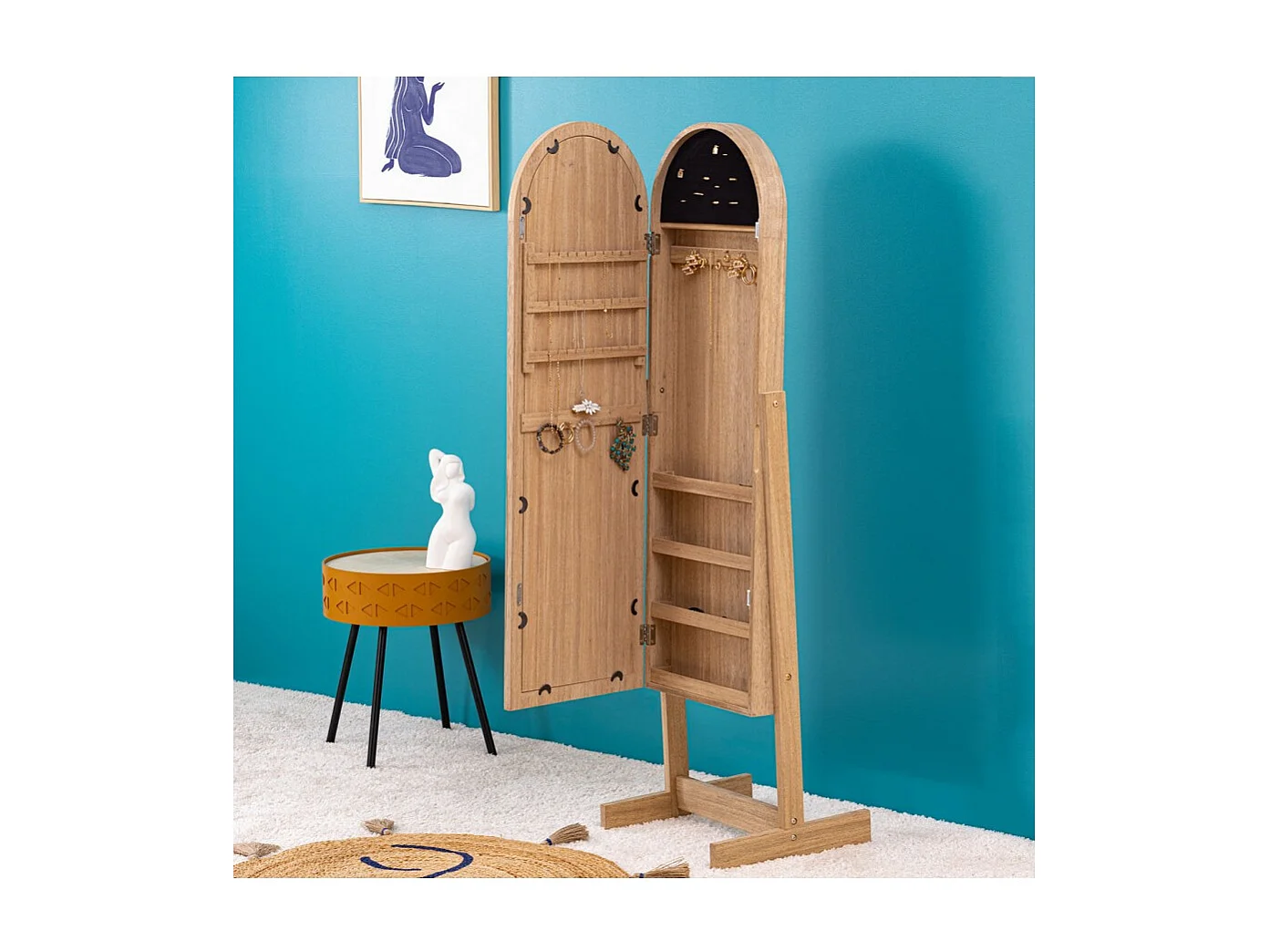 Armoire à bijoux avec miroir NORA coloris effet bois naturel - Longueur 42 x Profondeur 37,5 x Hauteur 145 cm
