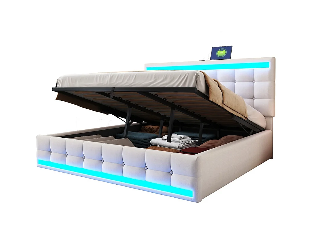 Lit coffre 180x200 pour enfant avec espace de rangement hydraulique USB et bande lumineuse LED à changement de couleur lin beige
