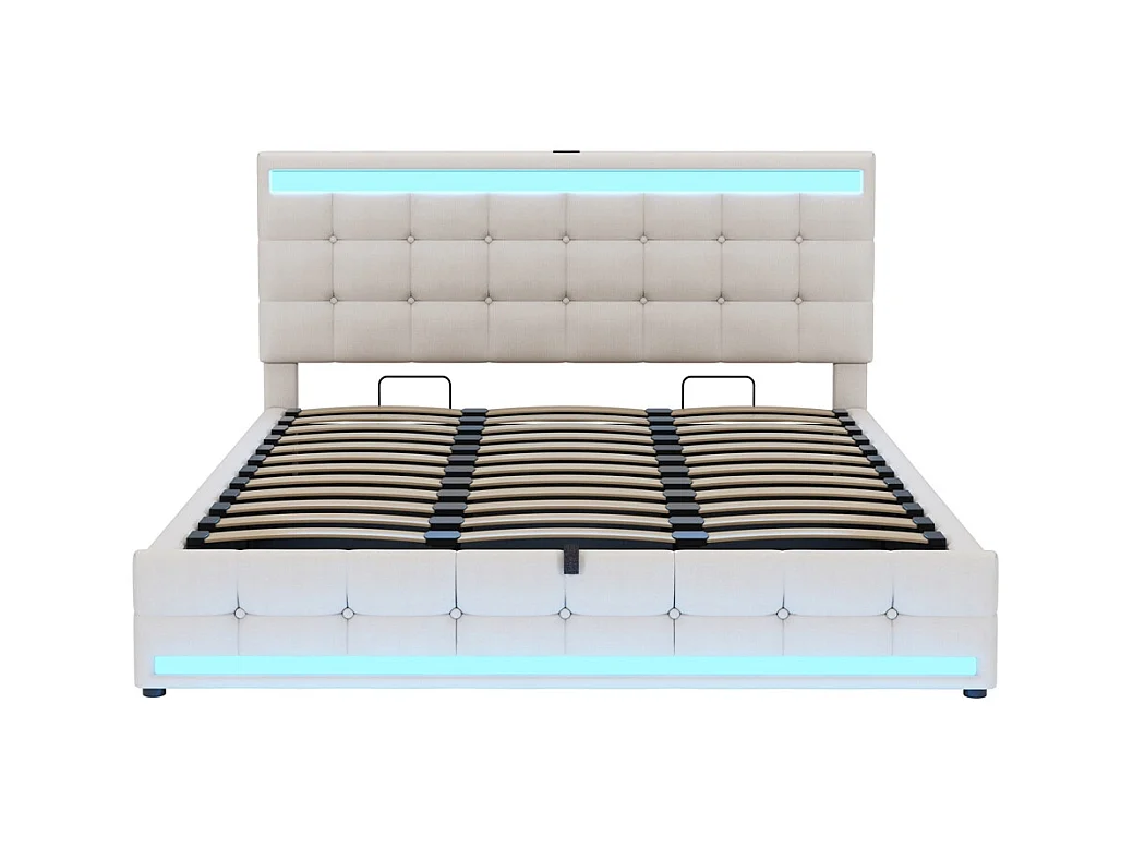 Lit coffre 180x200 pour enfant avec espace de rangement hydraulique USB et bande lumineuse LED à changement de couleur lin beige
