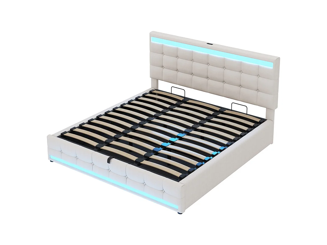 Lit coffre 180x200 pour enfant avec espace de rangement hydraulique USB et bande lumineuse LED à changement de couleur lin beige