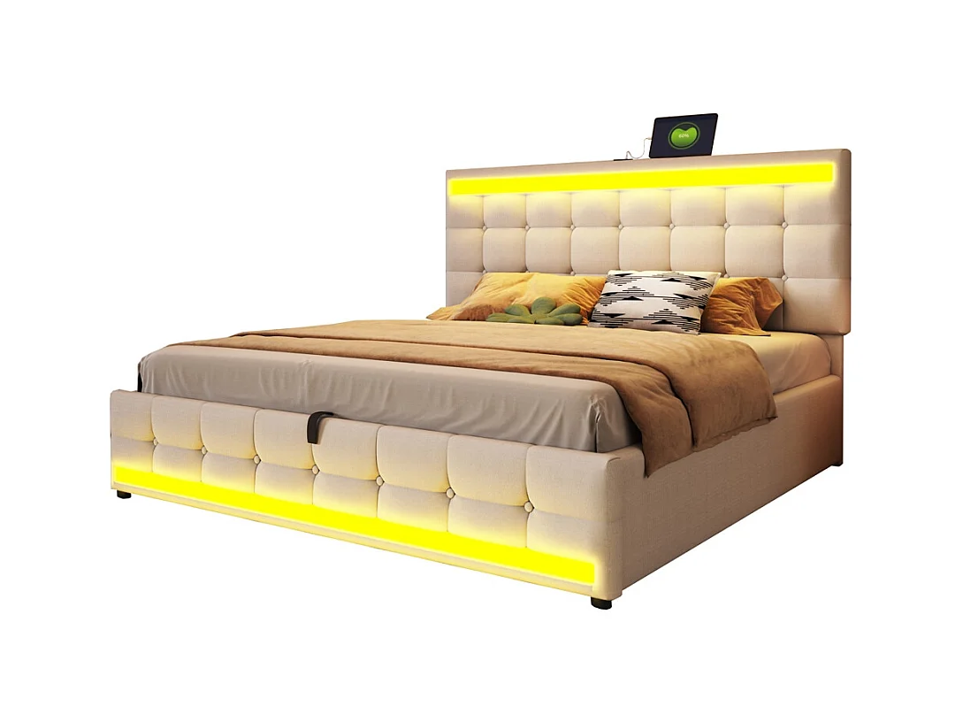 Lit coffre 180x200 pour enfant avec espace de rangement hydraulique USB et bande lumineuse LED à changement de couleur lin beige