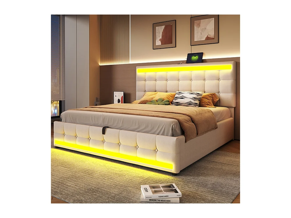 Lit coffre 180x200 pour enfant avec espace de rangement hydraulique USB et bande lumineuse LED à changement de couleur lin beige