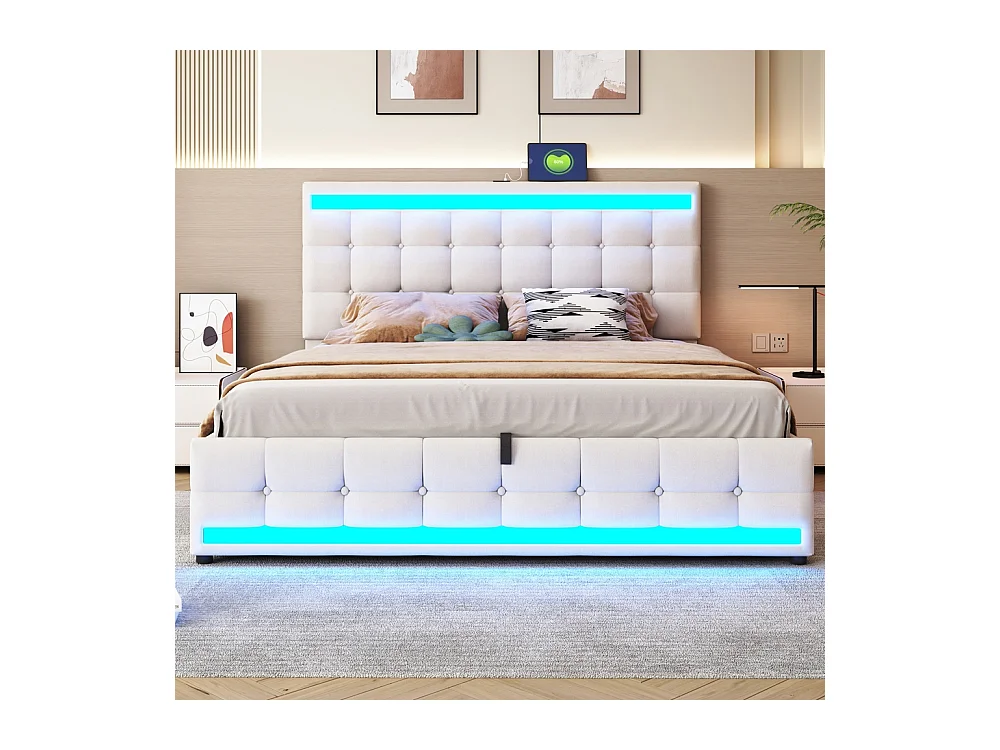 Lit coffre 180x200 pour enfant avec espace de rangement hydraulique USB et bande lumineuse LED à changement de couleur lin beige