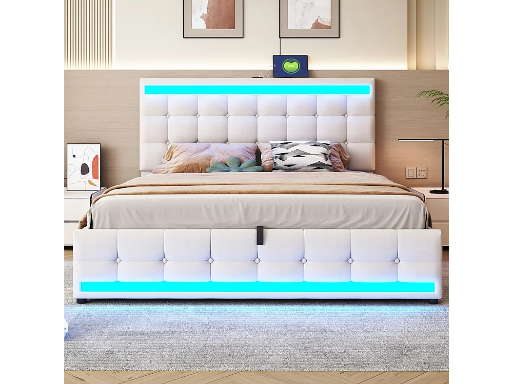 Lit coffre 180x200 pour enfant avec espace de rangement hydraulique USB et bande lumineuse LED à changement de couleur lin beige