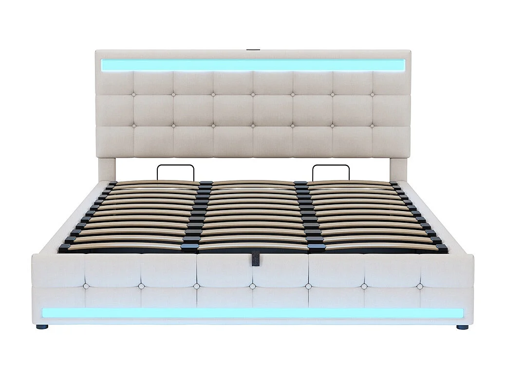 Lit coffre 180x200 pour enfant avec espace de rangement hydraulique USB et bande lumineuse LED à changement de couleur lin beige