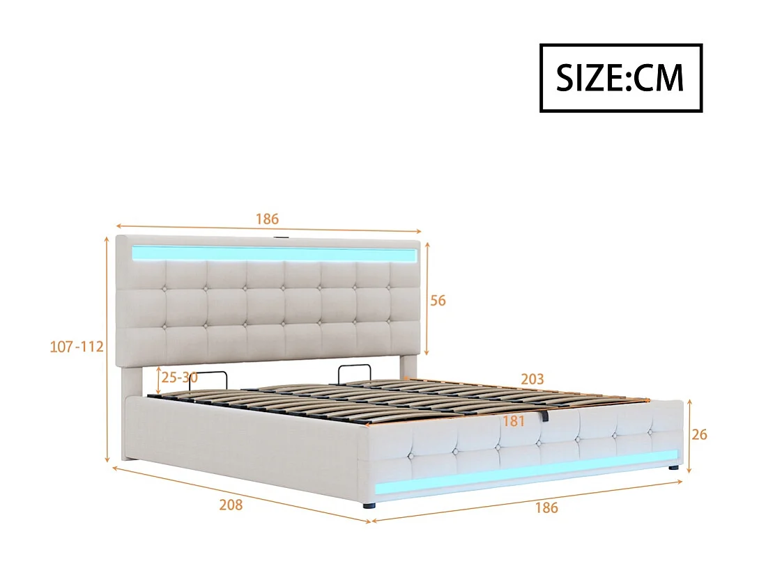 Lit coffre 180x200 pour enfant avec espace de rangement hydraulique USB et bande lumineuse LED à changement de couleur lin beige