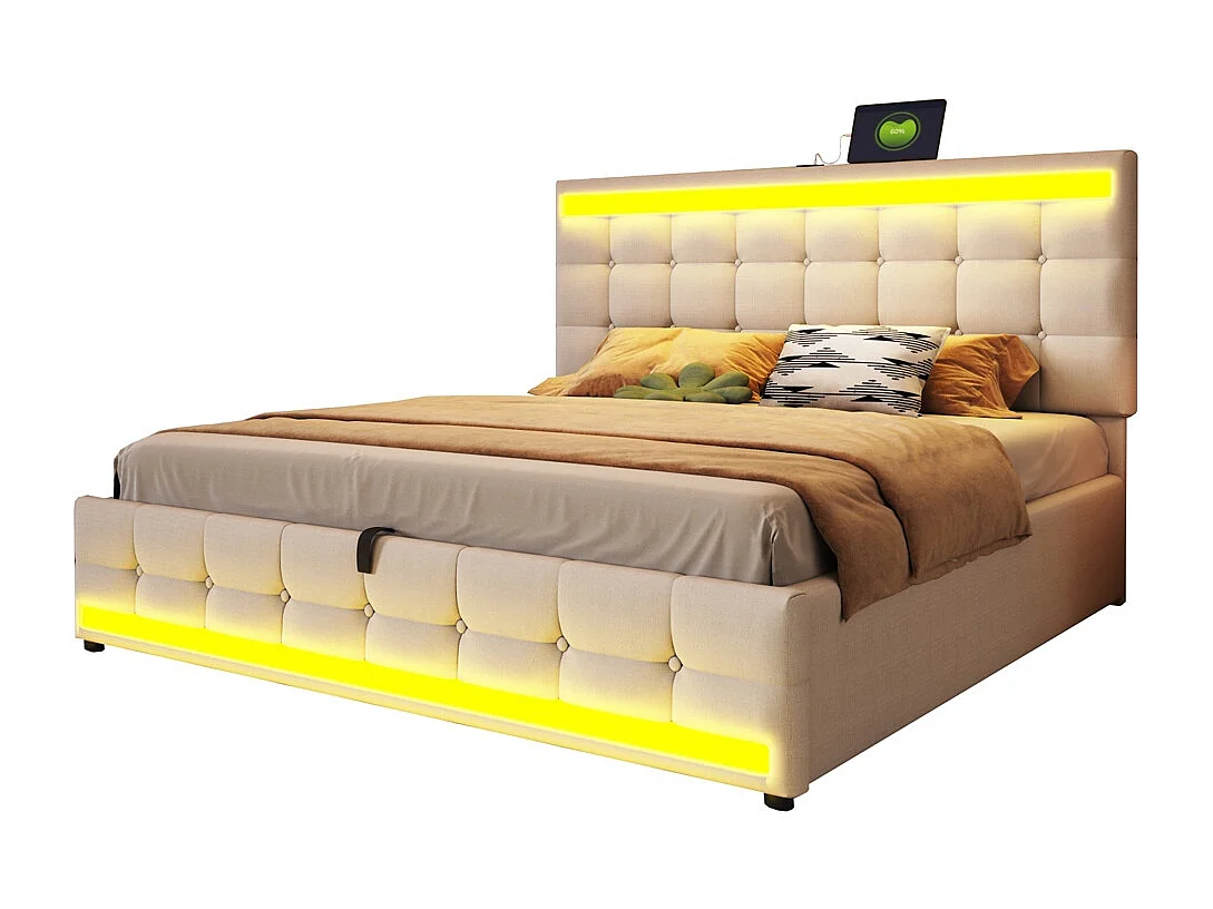 Lit coffre 180x200 pour enfant avec espace de rangement hydraulique USB et bande lumineuse LED à changement de couleur lin beige
