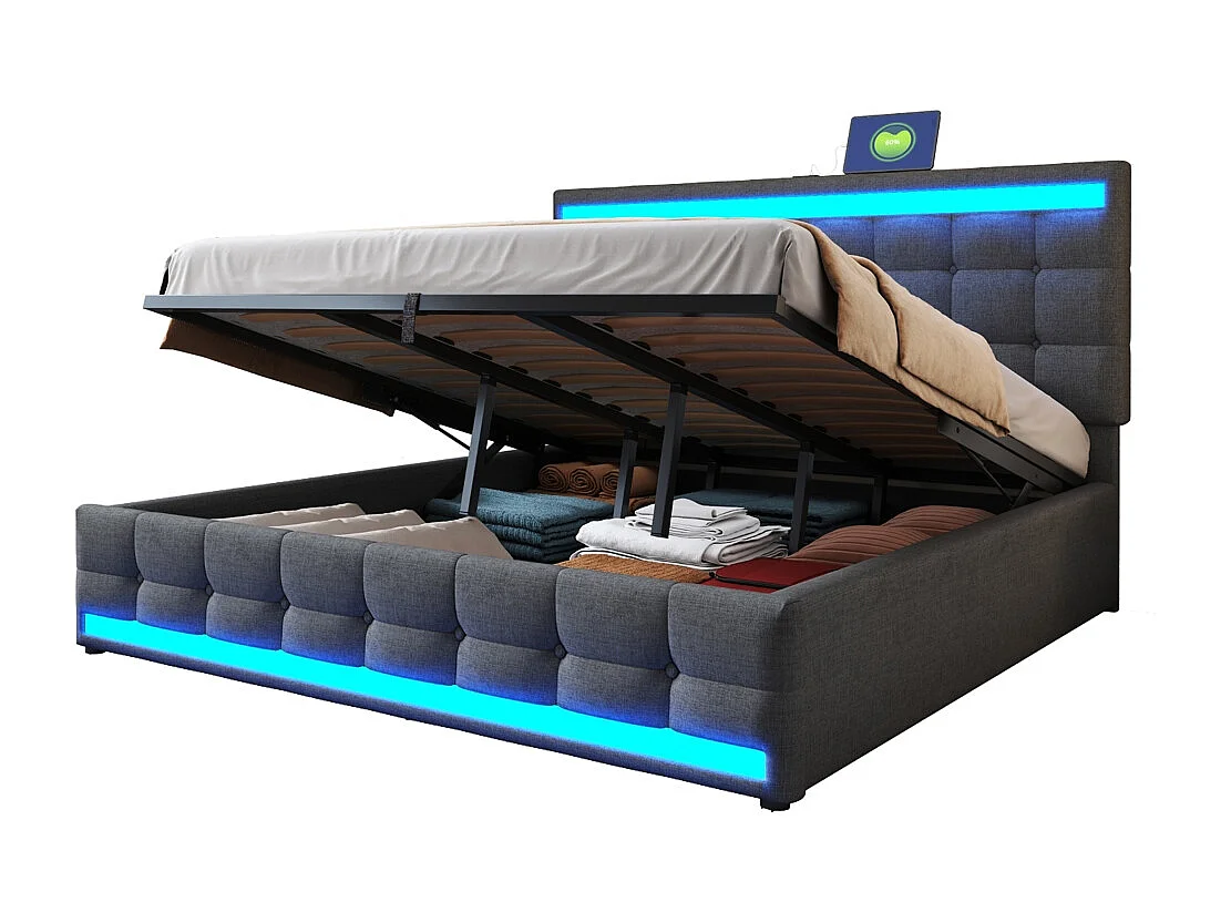 Lit coffre 180x200 pour enfant avec espace de rangement hydraulique USB et bande lumineuse LED à changement de couleur lin gris