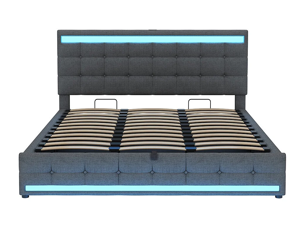 Lit coffre 180x200 pour enfant avec espace de rangement hydraulique USB et bande lumineuse LED à changement de couleur lin gris