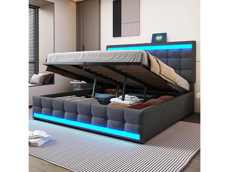 Lit coffre 180x200 pour enfant avec espace de rangement hydraulique USB et bande lumineuse LED à changement de couleur lin gris