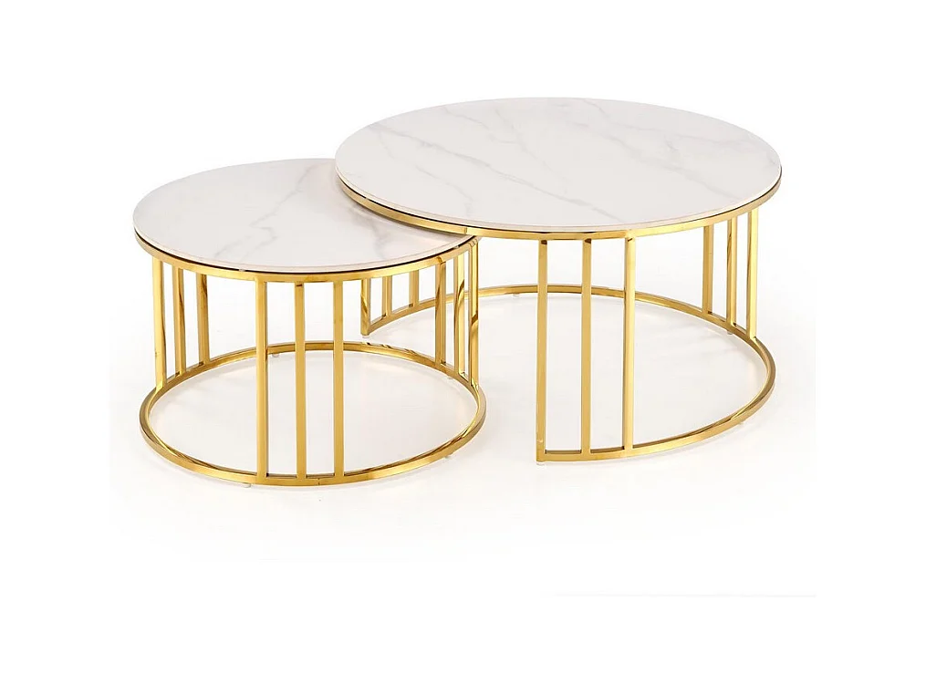 Ensemble de 2 tables basses gigognes rondes dorées et marbre blanc Pansy
