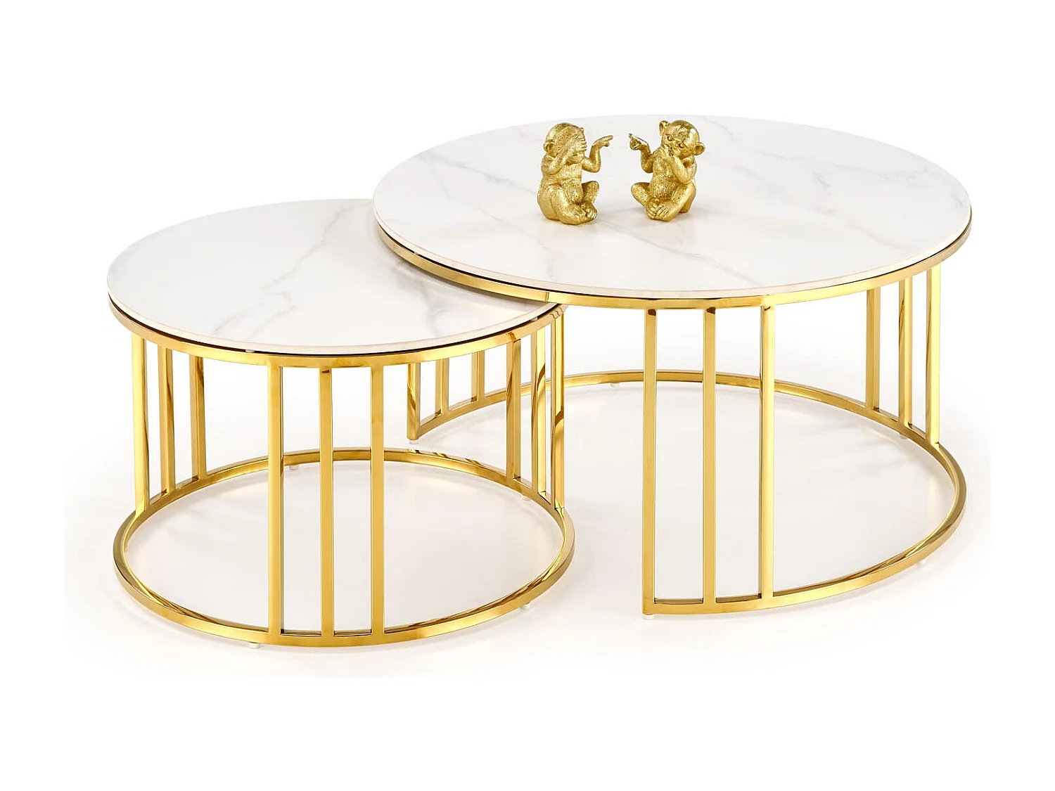 Lote de 2 mesas de centro redondas Pansy de mármol dorado y blanco