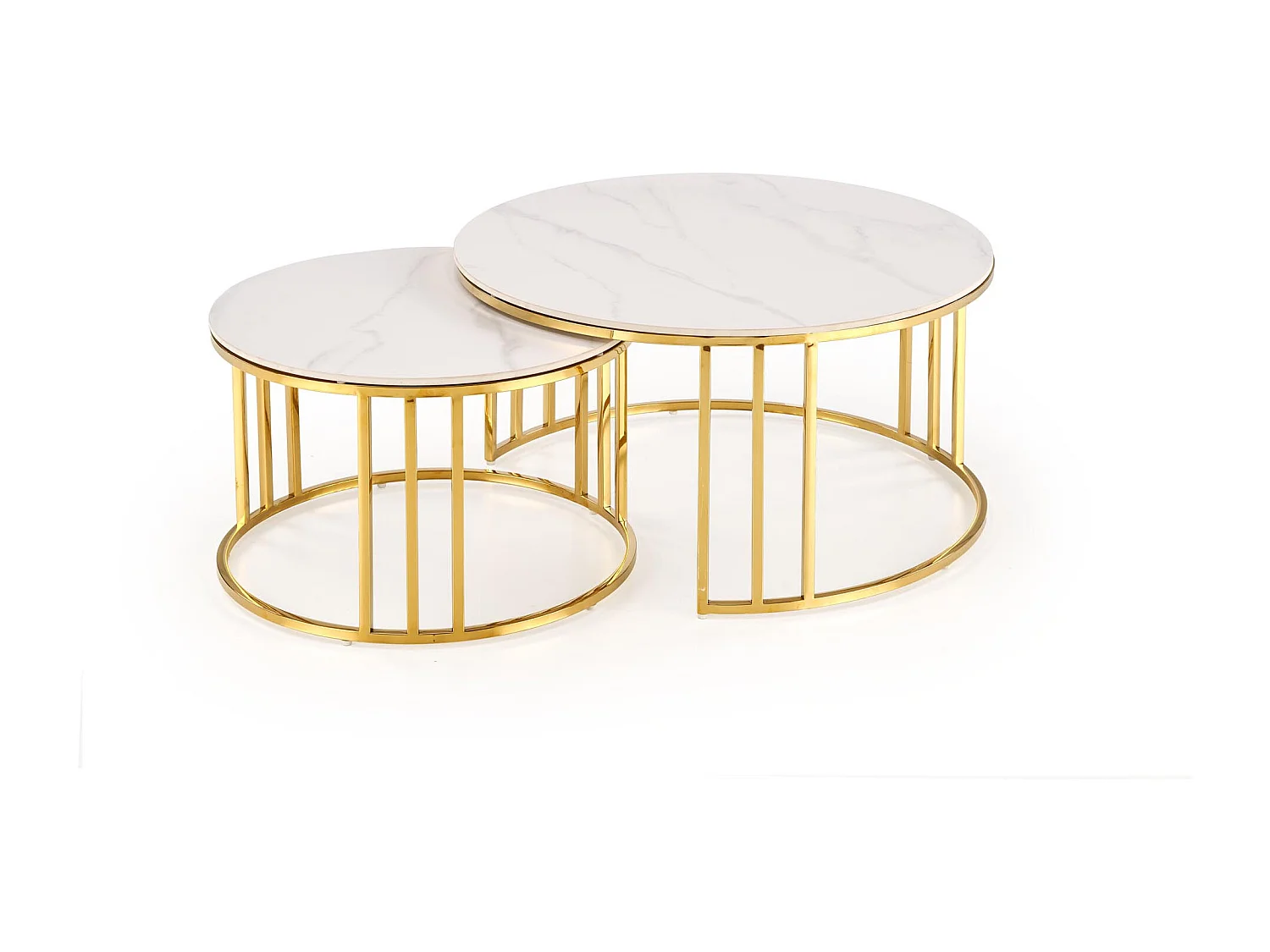 Lote de 2 mesas de centro redondas Pansy de mármol dorado y blanco