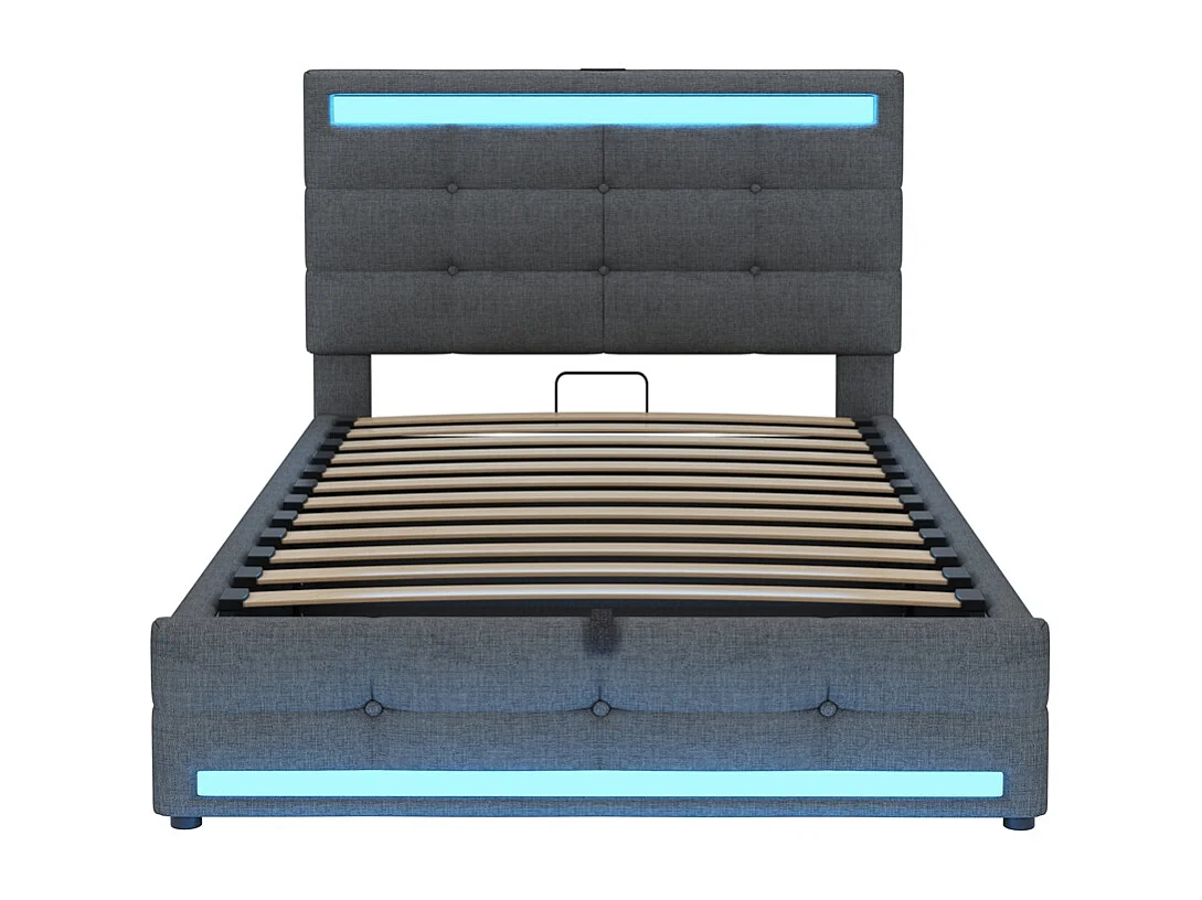 Lit coffre 90x200 pour enfant avec espace de rangement hydraulique USB et bande lumineuse LED à changement de couleur lin gris