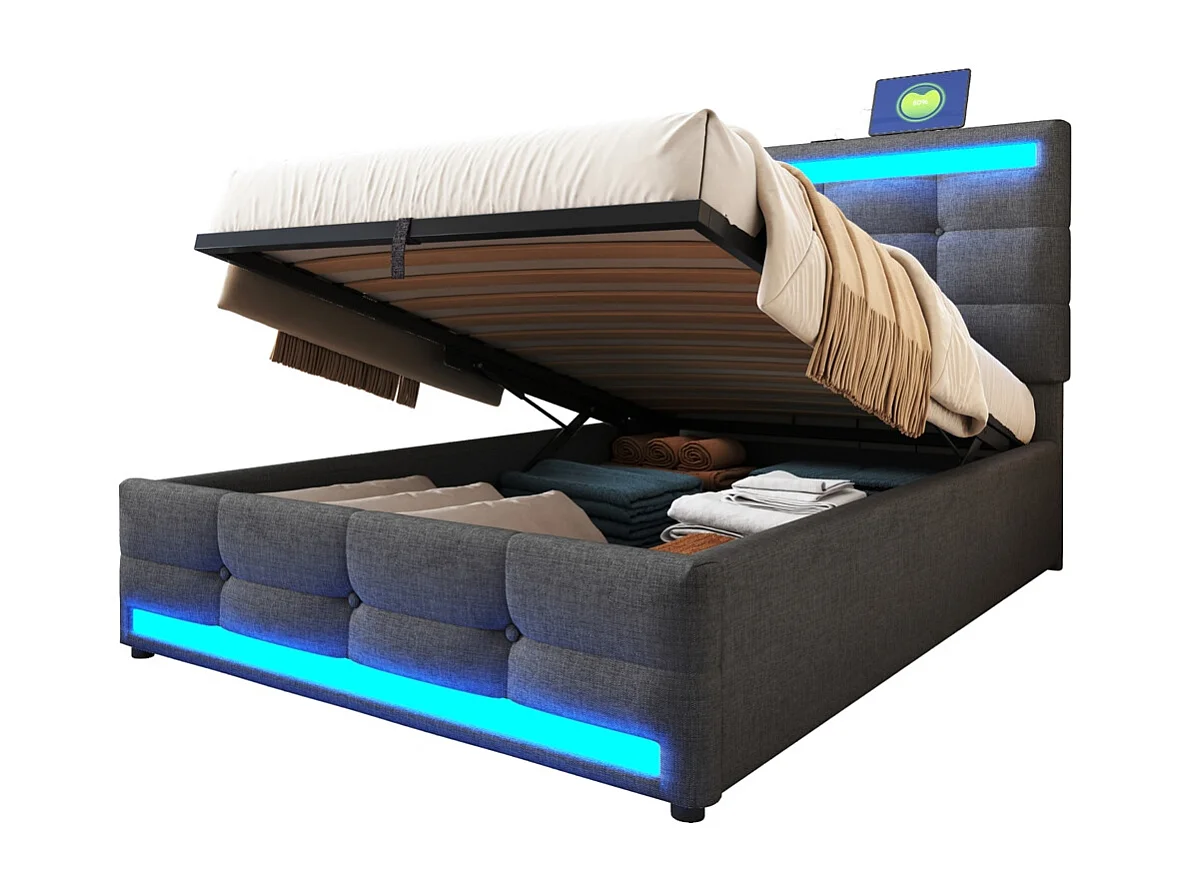 Lit coffre 90x200 pour enfant avec espace de rangement hydraulique USB et bande lumineuse LED à changement de couleur lin gris