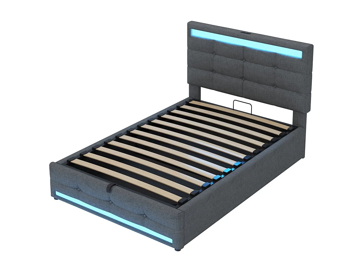 Lit coffre 90x200 pour enfant avec espace de rangement hydraulique USB et bande lumineuse LED à changement de couleur lin gris