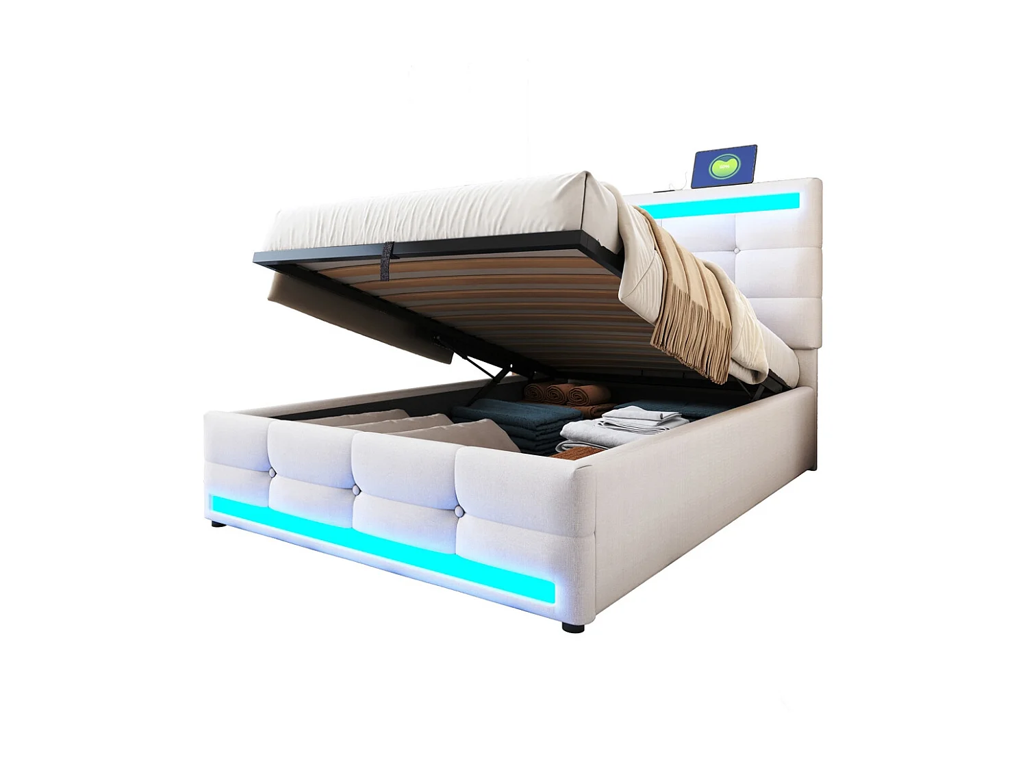 Lit coffre 90x200 pour enfant avec espace de rangement hydraulique USB et bande lumineuse LED à changement de couleur lin beige