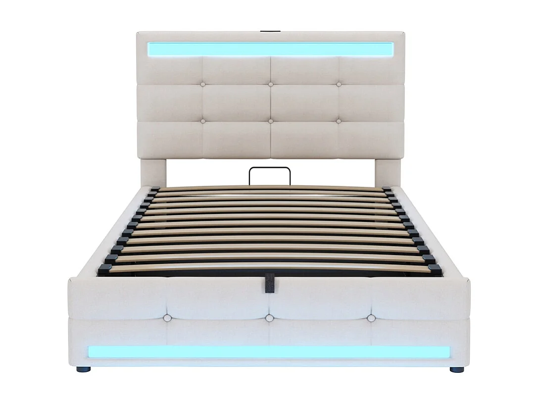 Lit coffre 90x200 pour enfant avec espace de rangement hydraulique USB et bande lumineuse LED à changement de couleur lin beige