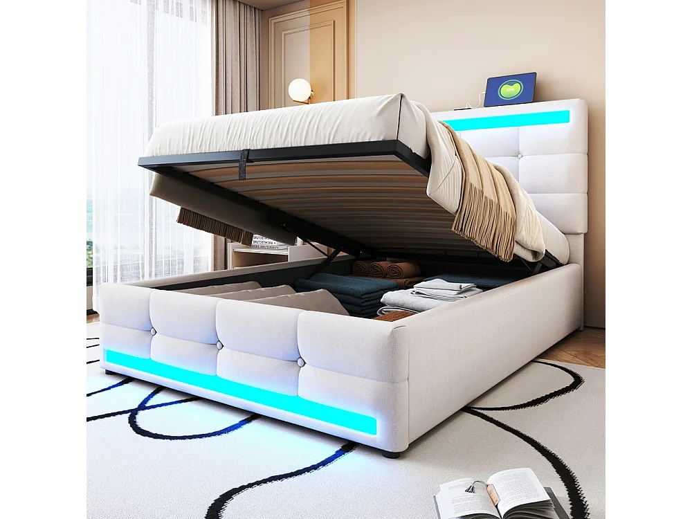 Lit coffre 90x200 pour enfant avec espace de rangement hydraulique USB et bande lumineuse LED à changement de couleur lin beige