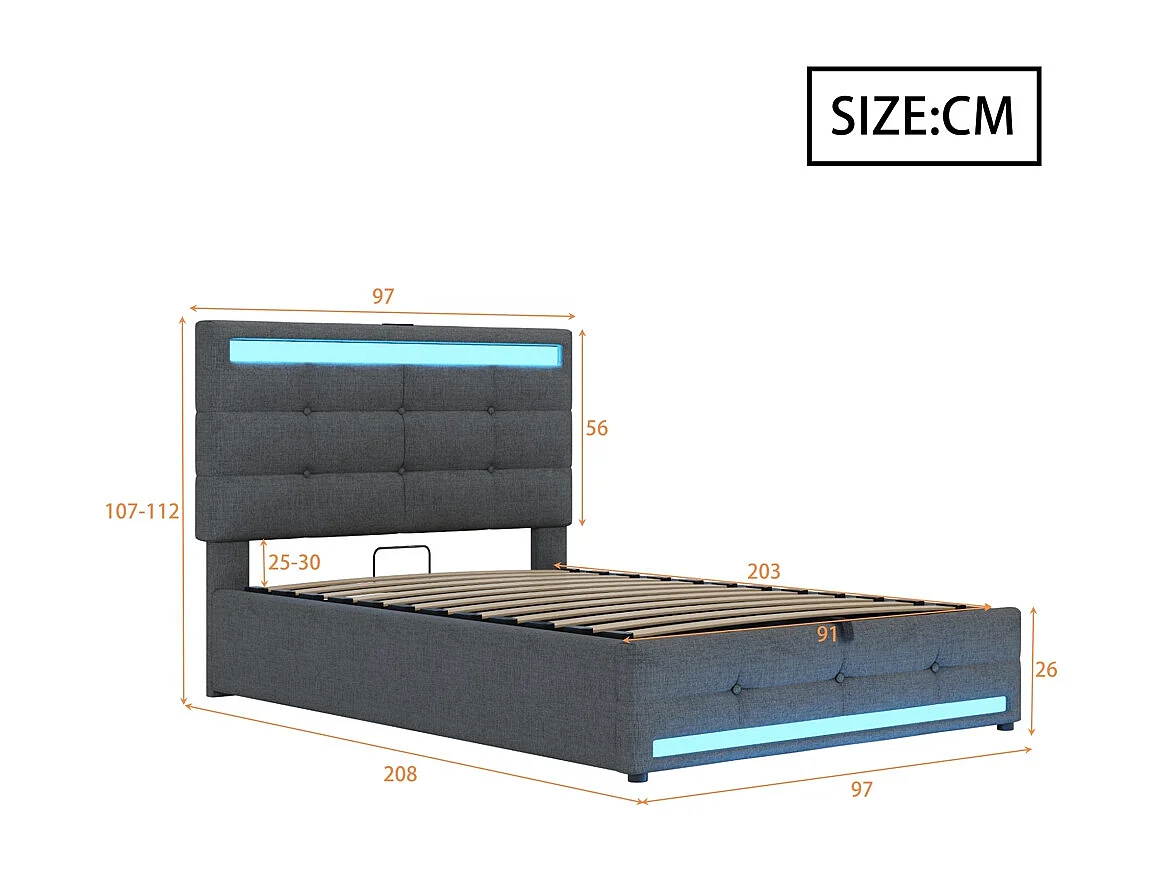 Lit coffre 90*200  cm, avec port USB et bande LED à couleur variable, gris, lin