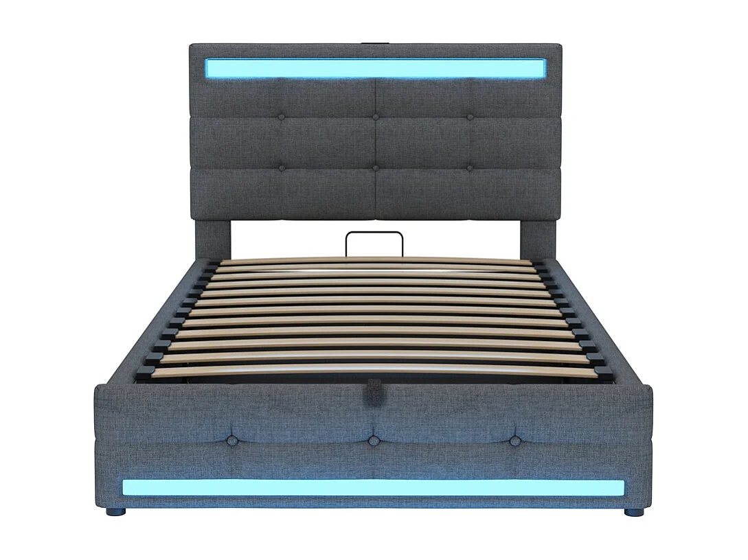 Lit coffre 90*200  cm, avec port USB et bande LED à couleur variable, gris, lin