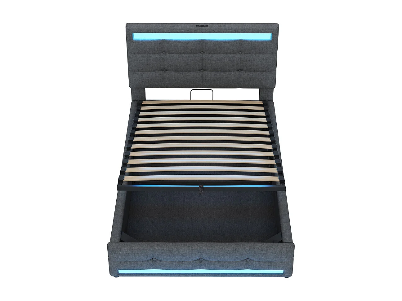 Lit coffre 90*200  cm, avec port USB et bande LED à couleur variable, gris, lin