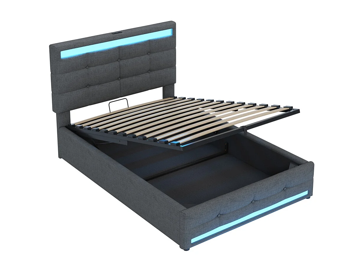 Lit coffre 90*200  cm, avec port USB et bande LED à couleur variable, gris, lin