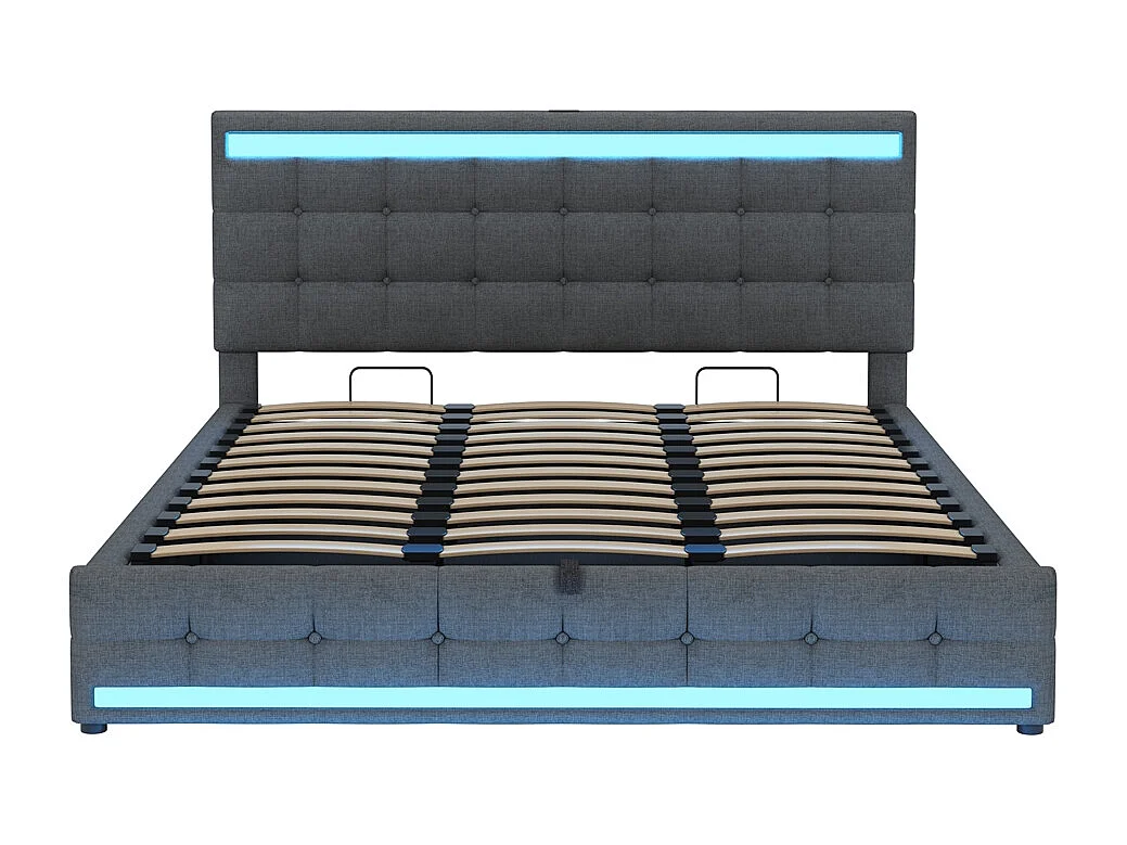 Lit coffre 180 x 200 cm, avec port USB et bande LED à couleur variable, gris, lin
