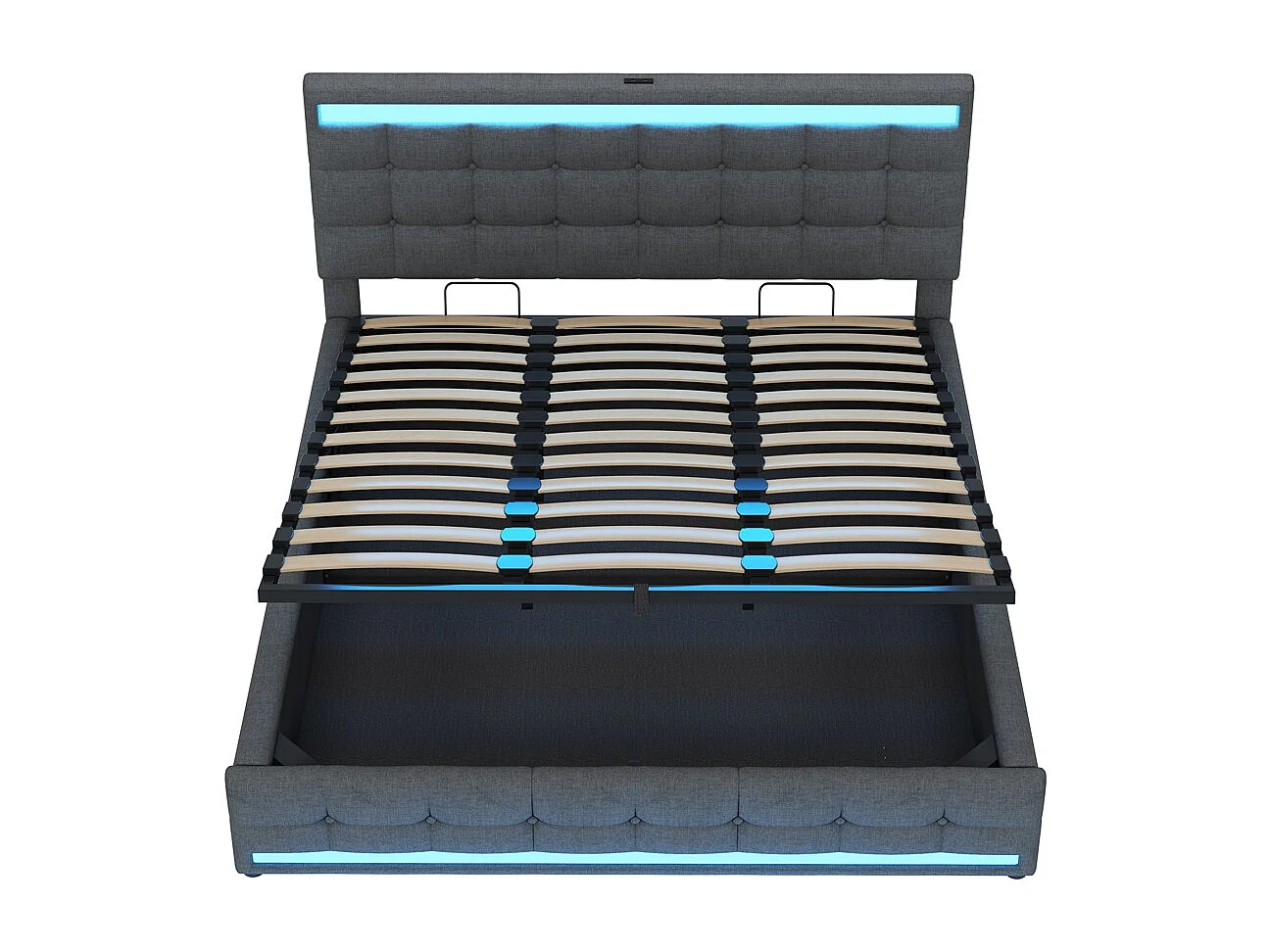 Lit coffre 180 x 200 cm, avec port USB et bande LED à couleur variable, gris, lin