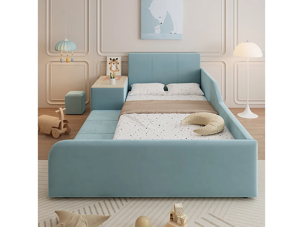 Lit enfant 90 x 200 cm, avec bureau et chaise, étagère de rangement, velours, bleu.