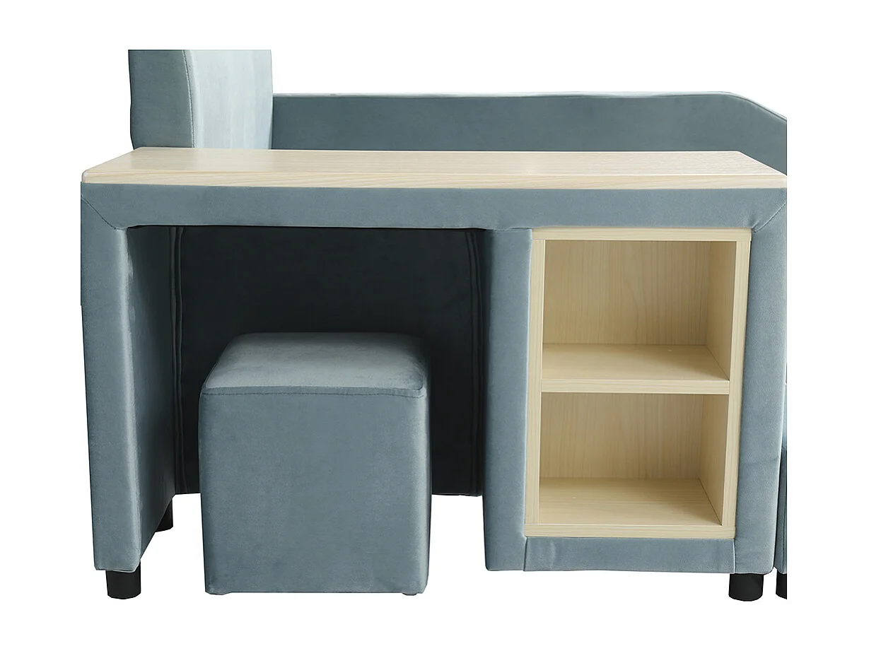 Lit enfant 90 x 200 cm, avec bureau et chaise, étagère de rangement, velours, bleu.