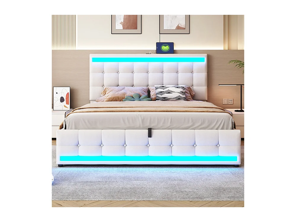 Opbergbed 180 x 200 cm, met USB-poort en ledstrip met variabele kleur, beige, linnen