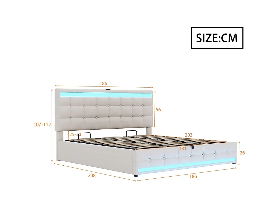 Opbergbed 180 x 200 cm, met USB-poort en ledstrip met variabele kleur, beige, linnen