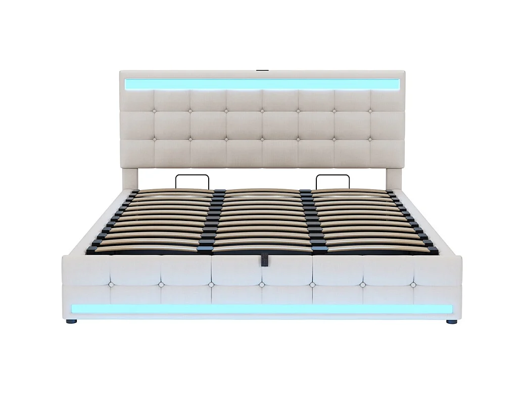 Opbergbed 180 x 200 cm, met USB-poort en ledstrip met variabele kleur, beige, linnen