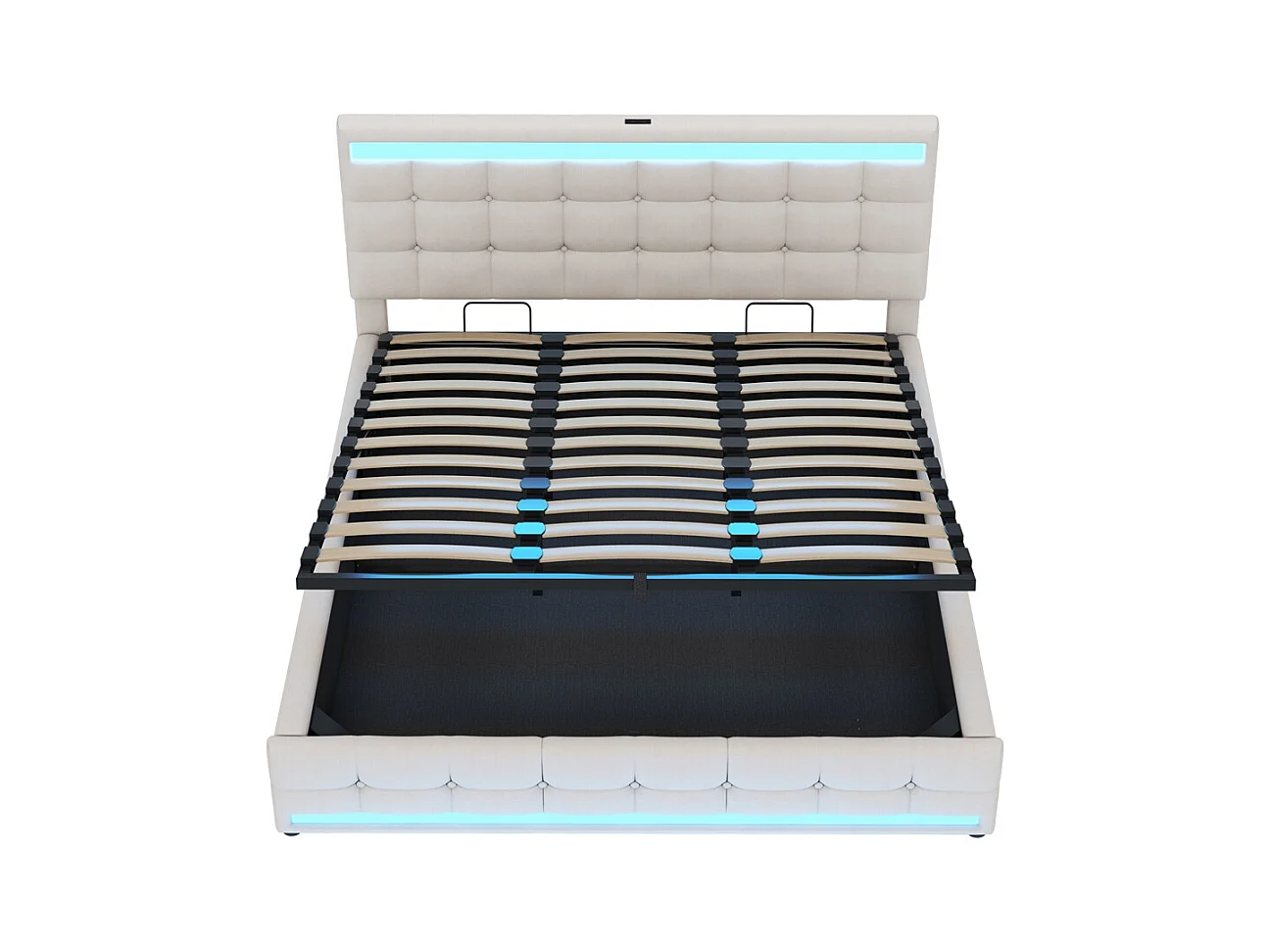 Opbergbed 180 x 200 cm, met USB-poort en ledstrip met variabele kleur, beige, linnen