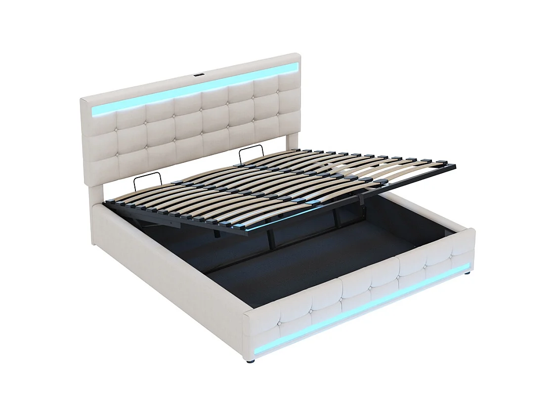 Opbergbed 180 x 200 cm, met USB-poort en ledstrip met variabele kleur, beige, linnen