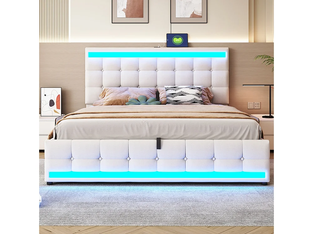 Opbergbed 180 x 200 cm, met USB-poort en ledstrip met variabele kleur, beige, linnen
