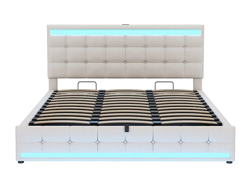 Opbergbed 180 x 200 cm, met USB-poort en ledstrip met variabele kleur, beige, linnen