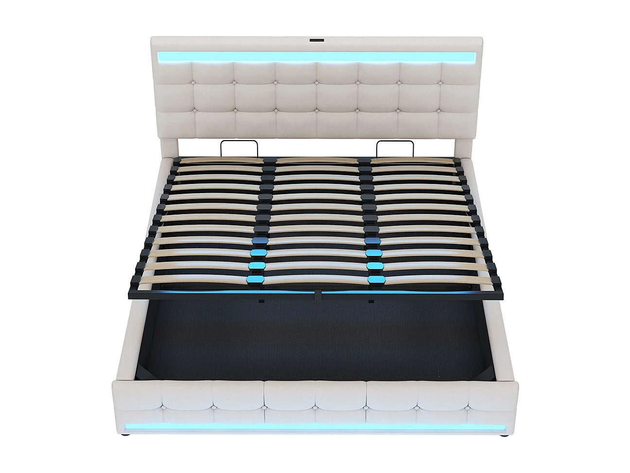 Opbergbed 180 x 200 cm, met USB-poort en ledstrip met variabele kleur, beige, linnen