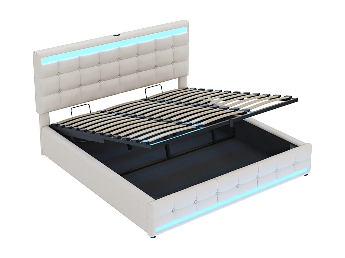 Opbergbed 180 x 200 cm, met USB-poort en ledstrip met variabele kleur, beige, linnen