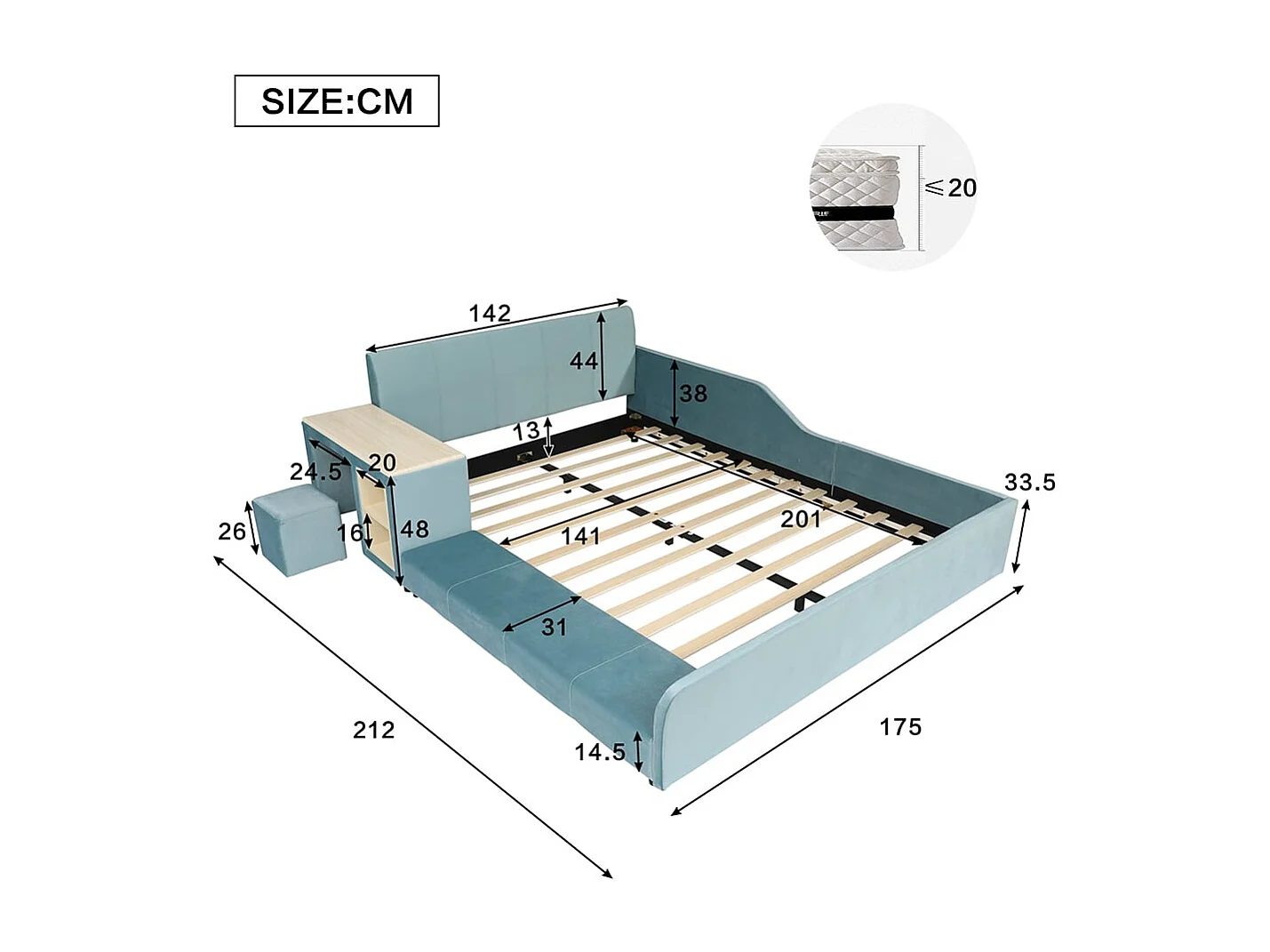 Kinderbed 140 x 200 cm, met bureau en stoel, opbergplank, fluweel, blauw.
