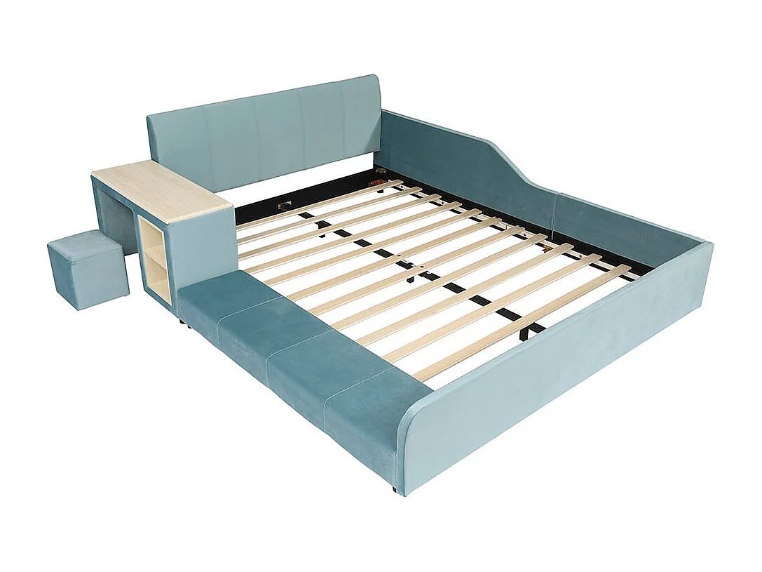 Kinderbed 140 x 200 cm, met bureau en stoel, opbergplank, fluweel, blauw.