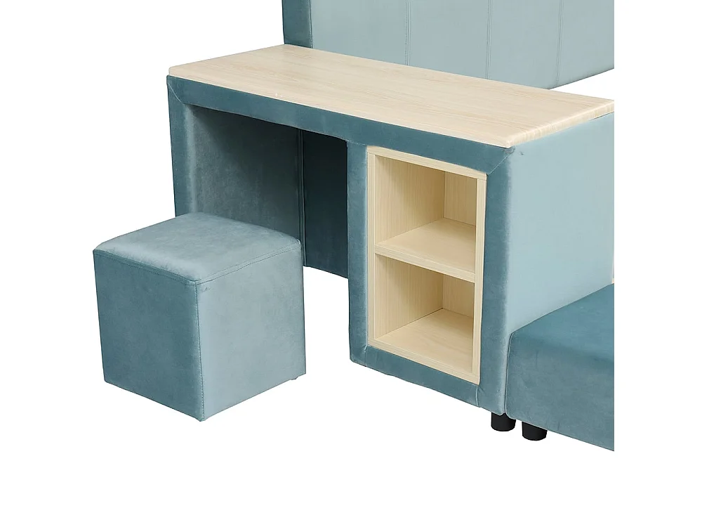 Kinderbed 140 x 200 cm, met bureau en stoel, opbergplank, fluweel, blauw.
