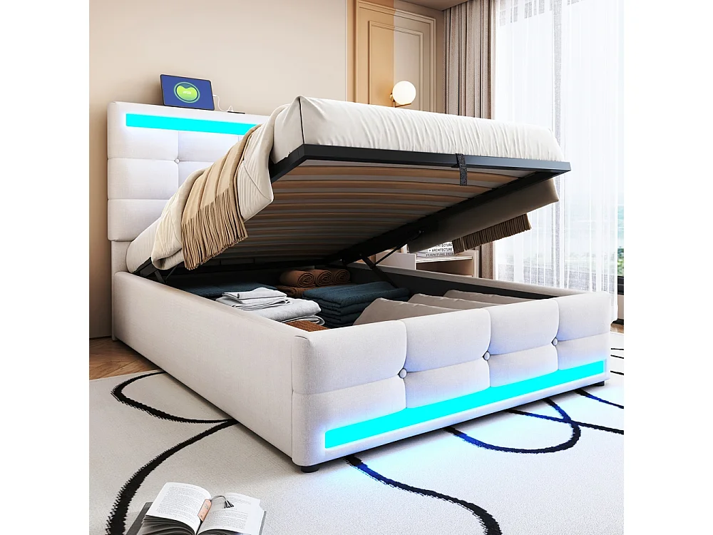 Lit coffre 90*200  cm, avec port USB et bande LED à couleur variable, beige, lin